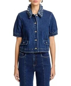Women Cinq A Sept Collared Embellished Puff Sleeve Denim Coat Jacket - Picture 1 of 4