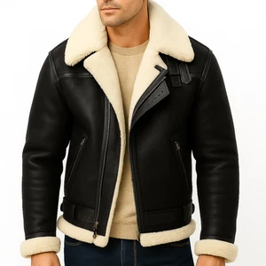 Men’s Black Shearling Bomber Jacket Real Leather Aviator Flying Pilot Coat - Picture 1 of 5