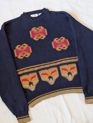Vintage 90s Cotton Knit Sweater Men's Large Heavyweight Navy Blue Boxy Grandpa - Image 1 of 4