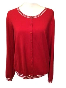 George XL Red With White Striped Cuffs Neck & Hem Long Sleeve Cardigan Sweater - Picture 1 of 6
