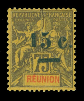 French Colonies - REUNION Is. 1901 Sage SURCH. 15/75 Thin "5" var Sc 58c mint MH - Image 1 of 2