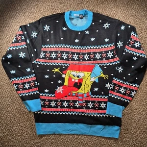 Spongebob Squarepants Light Up Ugly Christmas Sweater Men's Size Medium Blue - Picture 1 of 11