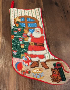 Vintage Christmas Needlepoint Stocking Santa Claus with Tree and Toys - Picture 1 of 6