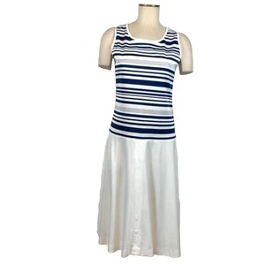 Vintage Womens 70s Hay Pence Navy Blue White Stripe Midi Dress Drop Waist Preppy - Picture 1 of 8