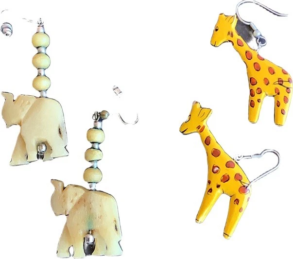 Giraffe And Elephant Earrings Dangle Hooks African Safari Zoo Animal - Image 1 of 1
