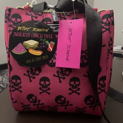 Betsey Johnson Skull Pink Black Insulated Lunch Tote Bag Crossbody Bones - Image 1 of 4