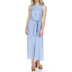 Michael Kors Denim Kragen ärmellos Gürtel Maxi Shirt Kleid Größe XS Neu mit Etikett - Bild 1 von 11
