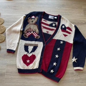 Vintage Hand Knit American Flag Teddy Bear Cardigan Sweater Women's Large 90's - Picture 1 of 8