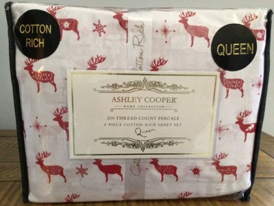 Ashley Cooper Holiday Red Reindeer Percale Cotton QUEEN Sheet Set - Image 1 of 4