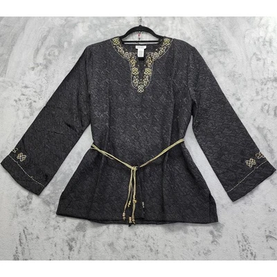 Top túnica vintage graff bordado con cuentas corbata cuerda cinturón talla L negro dorado  Foto 1 de 4