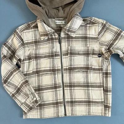 Abercrombie Kids Hooded Zip Up Shirt Jacket Flannel Plaid Cream NWT Boys 9/10 - Image 1 of 4