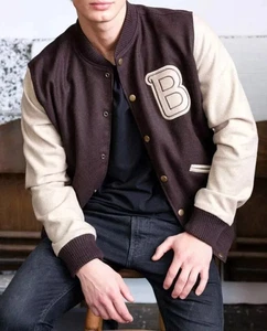 Herren Hotline Miami B Logo Bomber Varsity Letterman braun Wolle Baseball Jacke - Bild 1 von 5