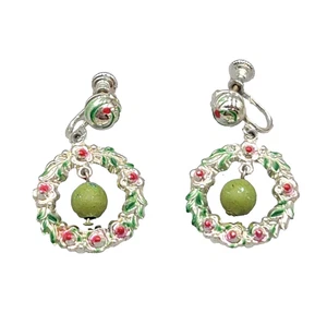 Vintage Christmas Wreath Clip on Earrings Silver tone Dangle Screw Back 1.5" - Picture 1 of 12