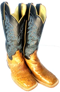 Justin Cowboy Boots 8.5B Black Leather/Cognac Ostrich Green Stitching Square Toe - Picture 1 of 15