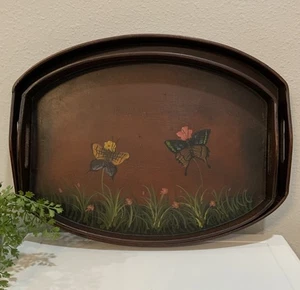 Vintage Blumen inkl. Holz handbemalt Blumen Schmetterling verschachtelt Serviertablett Griffe - Bild 1 von 7
