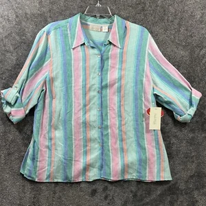 Studio Works Shirt Women's Plus Size 2X Striped Multi-Color Linen Button Up - Picture 1 of 5