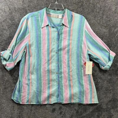 Studio Works Shirt Women's Plus Size 2X Striped Multi-Color Linen Button Up - Image 1 of 4