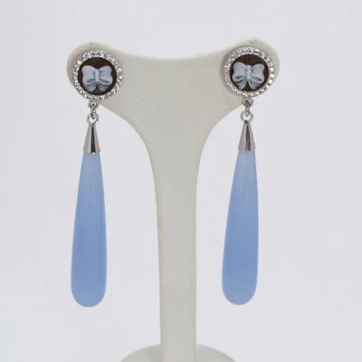 ORECCHINI IN ARGENTO 925 CON ZIRCONI PENDOLI CRISTALLO E CAMMEI FIOCCO AGHT 0697 - Immagine 1 di 3