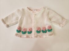 Angel Dear Sweater Baby Girl 0-6 Months White Knit Cardigan with Pink Flowers