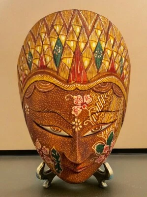 Batik Face Mask Carved Wood Wall Art  Multicolor Design Signed - Image 1 of 4