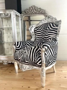 Armchair French Louis Baroque Chair Handmade In Silver Zebra Print Event Decor - Bild 1 von 7