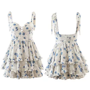 Damen Blumenriemen Cami Kleid Sweetheart Ausschnitt Hohe Taille Abgestuft Sommer - Picture 1 of 12