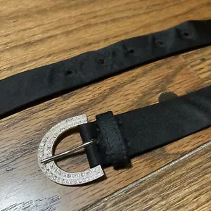 Cinturón de tela vintage 1970 Yves Saint Laurent con hebilla de estrás negro plateado - Imagen 1 de 5