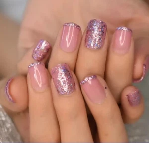 24 Pink Purple Glitter short Press on Nails with glue jelly rose gold sparkle - Picture 1 of 6