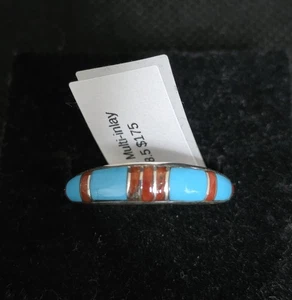 Navajo Handarbeit Türkis & Koralle Inlay Ring 925 Sterling Silber von Byron Begay - Bild 1 von 9