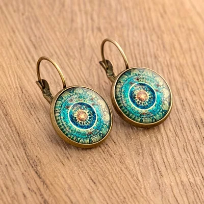 Vintage Ethnic Floral Print Round Dangle Earrings Copper Jewelry Exquisite Gift - Image 1 of 3