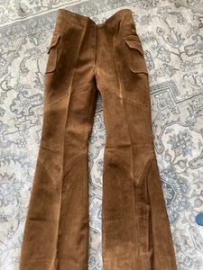 Vtg 1970s Cinnamon Brown Suede Leather Flared Pants Pockets Patchwork Soft Hippy - Picture 1 of 20