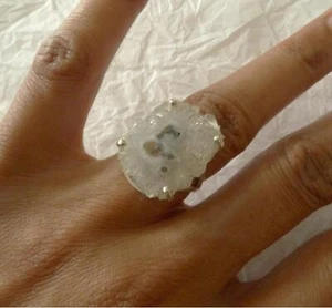 Anillo de plata esterlina blanco solar druzy talla O (US 7,25) plata artesanal - Imagen 1 de 6