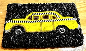 MOYNA Handcrafted  Beaded ,Silk Lined Pouch/coin Purse 'Yellow Taxi '  BLK /YELL - Picture 1 of 9