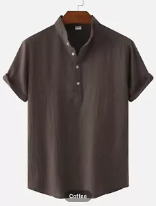 Men’s Henley-Collar Short-Sleeve Button-Front Cotton-Blend Coffee Linen Look - Picture 1 of 6