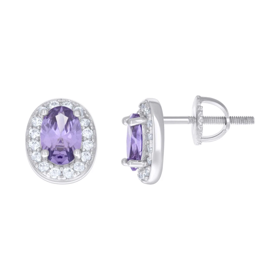 925 Argento Sterling Solitario Zirconia Cubica Viola Donna Screwback Ovali Lobo - Immagine 1 di 1
