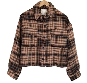 Chaqueta Altar'd State Shacket para mujer S marrón a cuadros recortada acogedora con botones cuadrada - Imagen 1 de 8