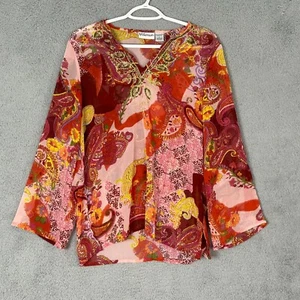 Millenium blouse womens large pink orange v neck embroidered paisley side slit - Picture 1 of 12