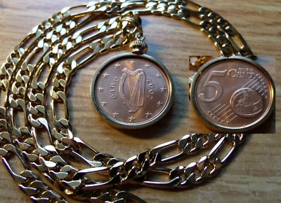 Colgante moneda irlandesa de cobre penique de euro en una cadena llena de oro de 18 quilates de 24" Foto 1 de 2