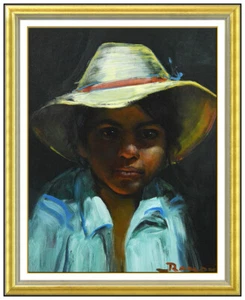 Retrato infantil original de Ramon Rice pintura al óleo a bordo enmarcado obras de arte firmadas - Imagen 1 de 4