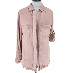 Umgee Frayed Hem Split Back Tunic Top Roll Tab Sleeve Pockets Casual Shirt SZ M - Picture 1 of 8