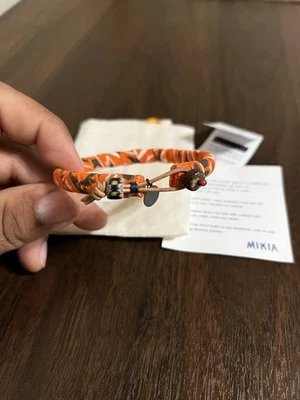 全新 Mikia 珠宝橙色头巾手链 皮革椰子 可调节 日本 — 第 1/3 张图片