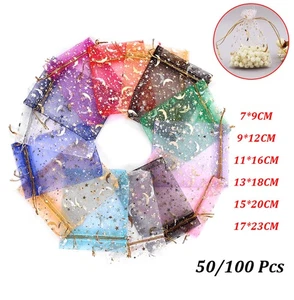 50/100Pcs Organza Gift Bags Jewellery Pouches Christmas Wedding Party Moon Star - Picture 1 of 25