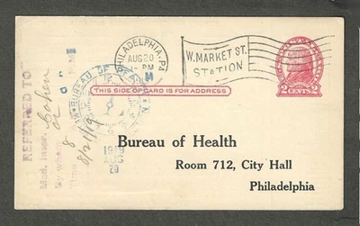 UX29  1919 2c JEFFERSON USED POSTAL CARD BUREAU OF HEALTH-DISEASE REPORT - Image 1 of 2