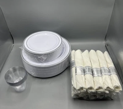 350 Pieces Silver Plastic Plates with Disposable Silverware and Cups - Image 1 of 4
