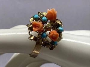 ANILLO TALLADO CORAL AZUL TURQUESA ORO 14K FLORES GRANDES MEDIADOS DE SIGLO TALLADO A MANO - Imagen 1 de 9