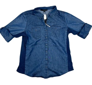HARVE BENARD Blouse Women Large Blue Chambray Button Up Roll Tab 3/4 Sleeves NWT - Picture 1 of 13