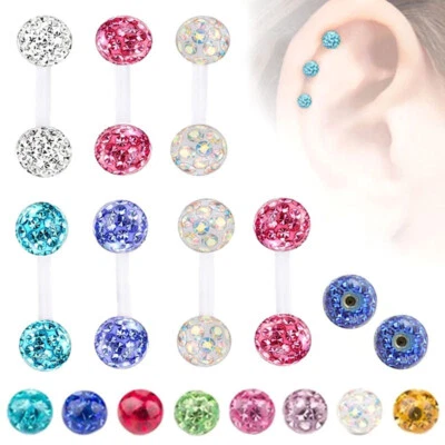 2pc 3/4/5mm Crystal Ball Ear Stud 6mm-10mm Bar Barbell Cartilage Tragus Piercing - Image 1 of 4