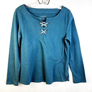 Talbots Petite Knit Top Women's Small P Lace Up Peacock Green Casual Cottage - Picture 1 of 7