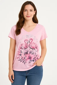 Style & Co Women T-Shirt New L Flamingo Graphic Tee Pink V-neck Short Sleeves - Picture 1 of 9