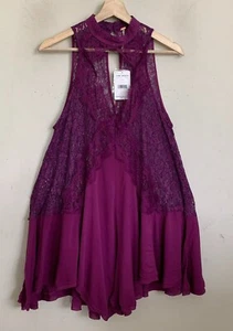 Free People OB659470 Dress Plum Sheer Lace Bodice Front Cutout Draped Sz S NEW  - Picture 1 of 10